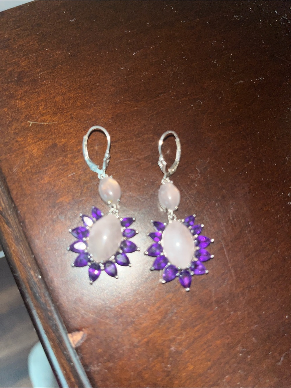 Sterling Silver Drop Earrings with Pink Rose Quartz and Purple Amythyst Accents